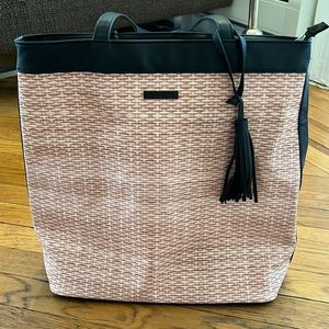 TAHARI Tan & Black “Straw” look Tote with Tassel